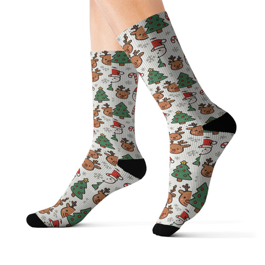Festive Holiday Socks with Christmas Reindeer and Trees